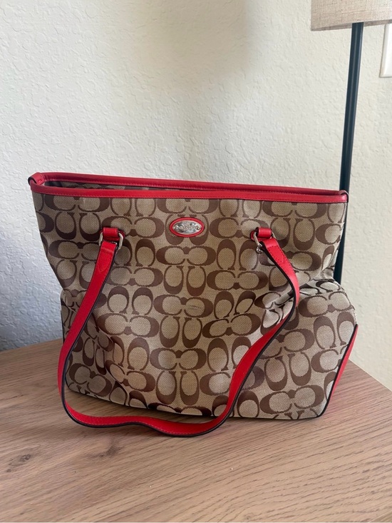 Coach Handbags - Coach Brown Signature Canvas Tote with Red Trim
